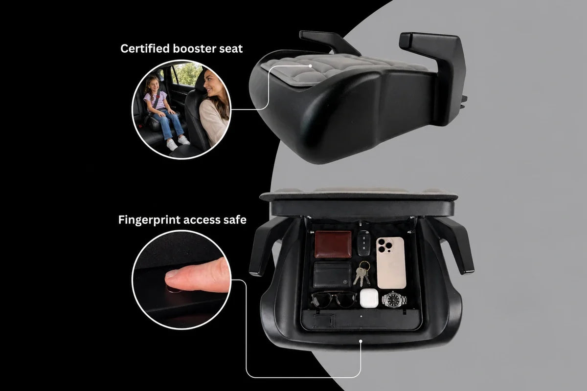Boosted Safe Mini: a booster seat on the outside, a fingerprint safe inside holding a wallet, keys and phone