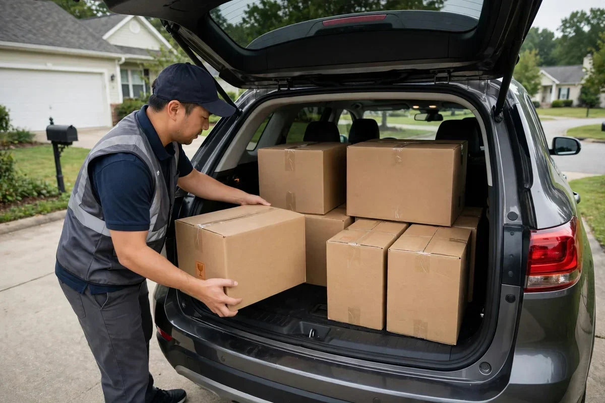 Man loading boxes into the back of an SUV in a driveway