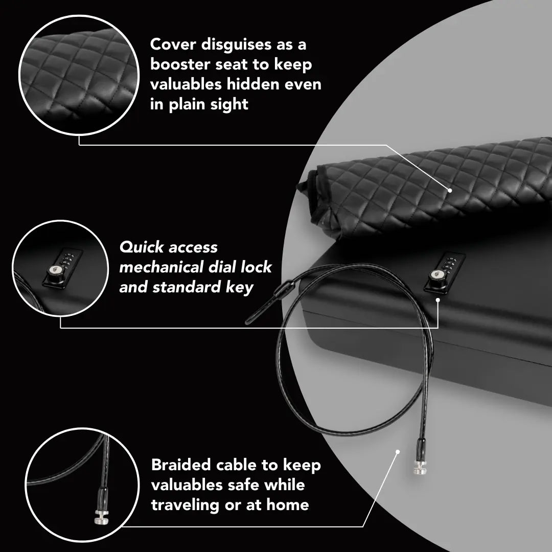 Product feature graphic showing gas hinge lid, advanced disk detainer lock, and durable 16-gauge steel construction.