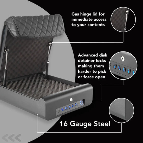 Product feature graphic showing gas hinge lid, advanced disk detainer lock, and durable 16-gauge steel construction.