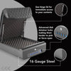 Product feature graphic showing gas hinge lid, advanced disk detainer lock, and durable 16-gauge steel construction.