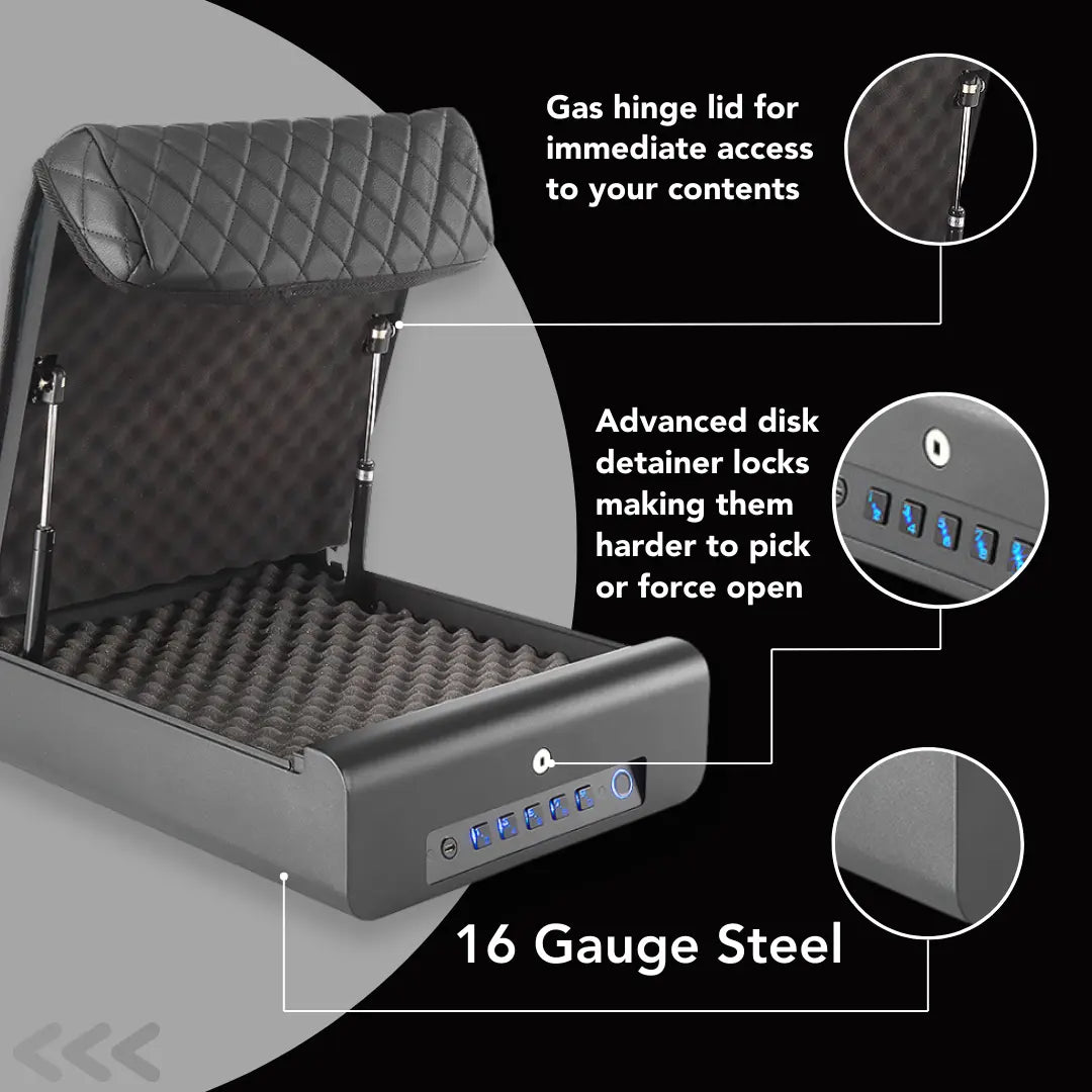 Product feature graphic showing gas hinge lid, advanced disk detainer lock, and durable 16-gauge steel construction.