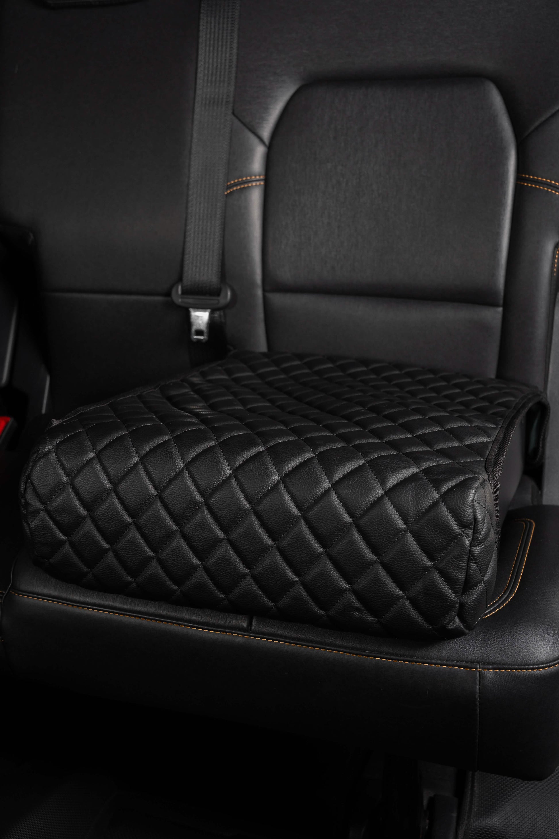 BoostedSafe Basic with leather cover installed in vehicle rear seat