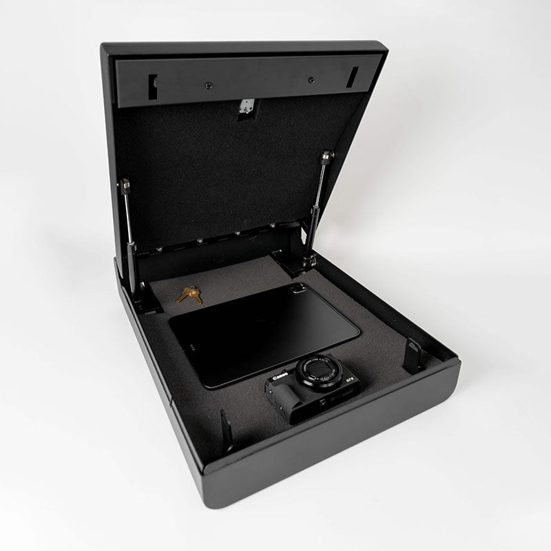 BoostedSafe Basic open with handgun in foam elevated angle product shot