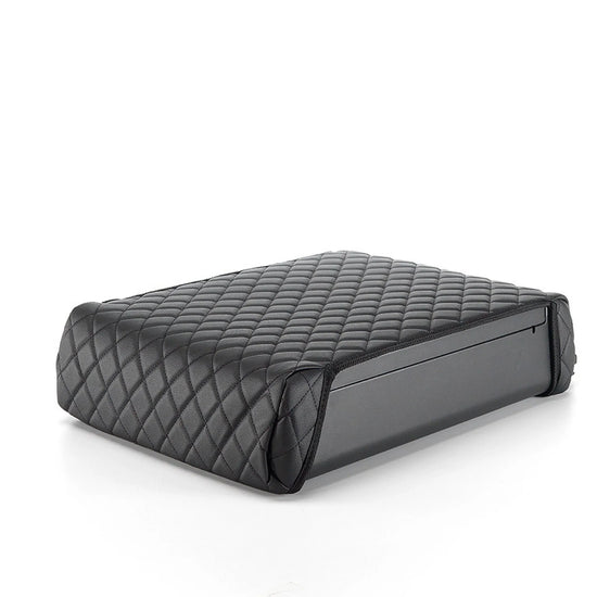 BoostedSafe Elite hidden vehicle safe with quilted leather booster seat style cover.