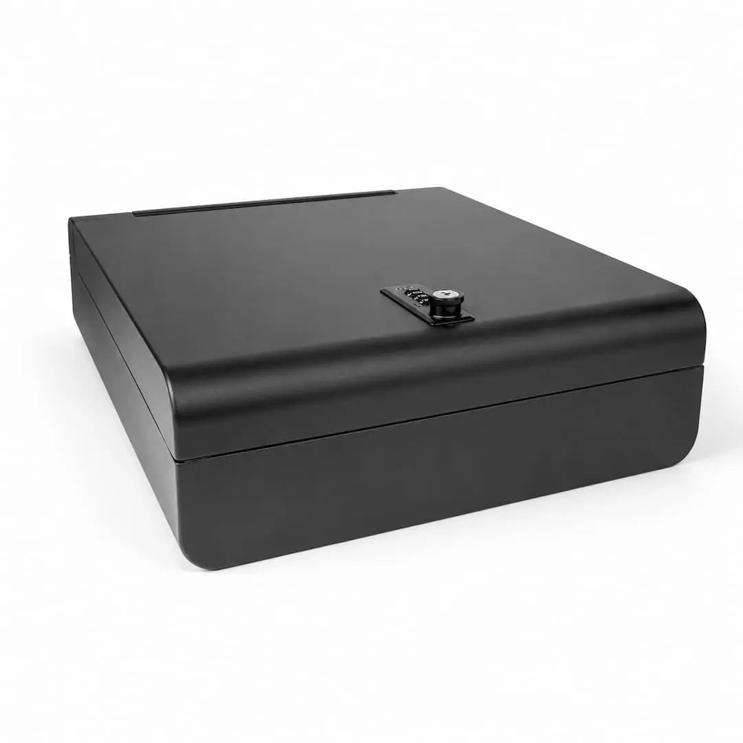 Closed Boosted Safe portable vehicle lockbox with mechanical combination lock on a white background.