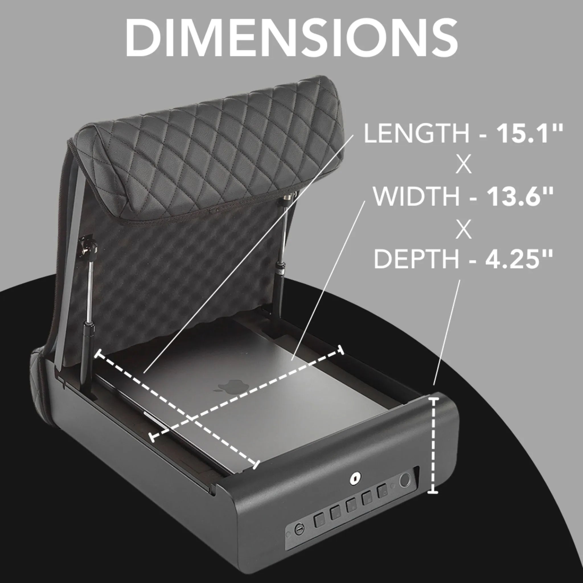 BoostedSafe Elite dimensions showing 15.1 inches by 13.6 inches by 4.25 inches