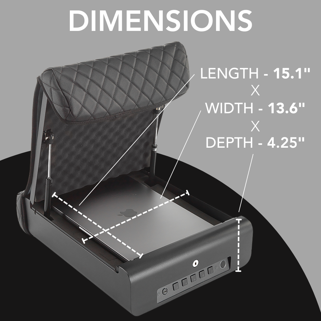 BoostedSafe Elite dimensions diagram 15.1 x 13.6 x 4.25 inches