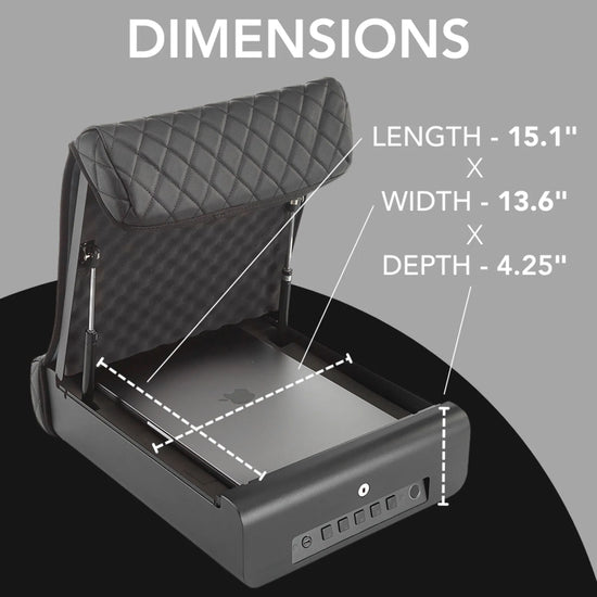 Dimensions graphic for the refurbished BoostedSafe Elite biometric vehicle safe showing 15.1 inch length, 13.6 inch width and 4.25 inch depth.