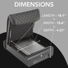 Dimensions graphic for the refurbished BoostedSafe Elite biometric vehicle safe showing 15.1 inch length, 13.6 inch width and 4.25 inch depth.