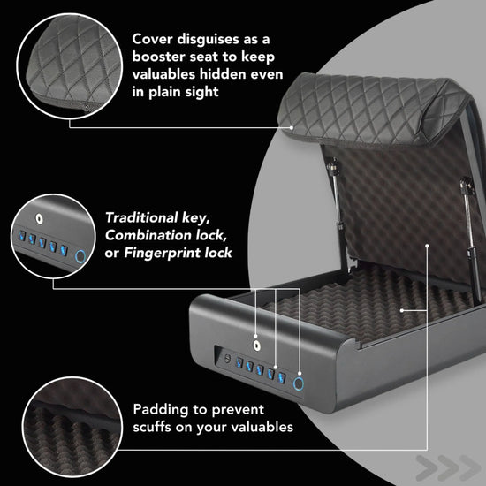 Feature graphic for the refurbished BoostedSafe Elite showing booster seat disguise cover, fingerprint and combination lock access, and padded foam interior protection.