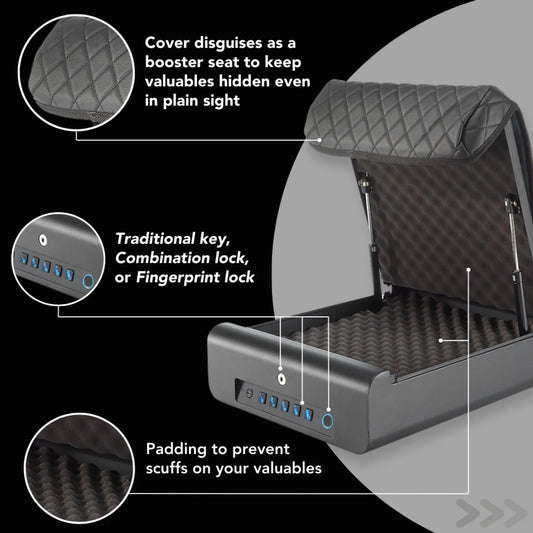Feature graphic for the refurbished BoostedSafe Elite showing booster seat disguise cover, fingerprint and combination lock access, and padded foam interior protection.