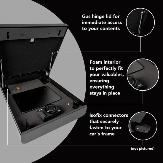 Feature graphic highlighting the foam interior, gas hinge lid, and ISOFIX connectors of the Boosted Safe Elite.