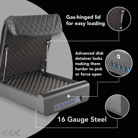 Feature graphic for the refurbished Boosted Safe Elite showing gas-hinged lid, advanced disk detainer locks and 16 gauge steel construction.