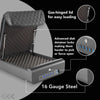Feature graphic for the refurbished Boosted Safe Elite showing gas-hinged lid, advanced disk detainer locks and 16 gauge steel construction.