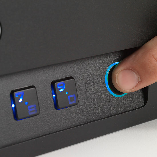 Finger touching BoostedSafe Elite biometric fingerprint scanner