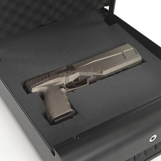 BoostedSafe Elite open with handgun secured in foam interior