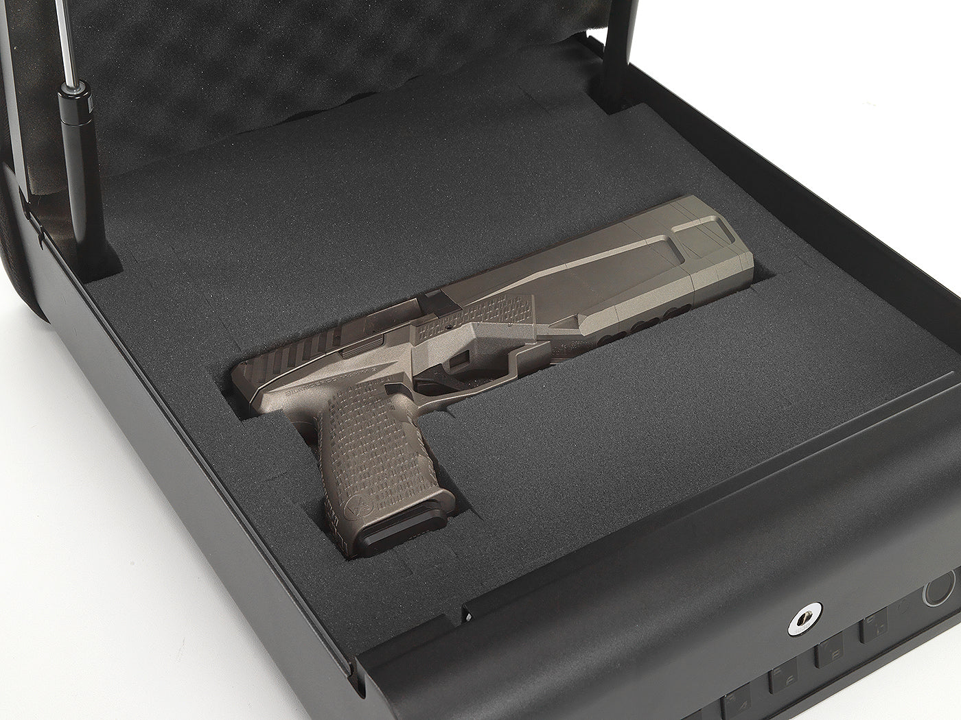 BoostedSafe Elite open with handgun secured in foam interior