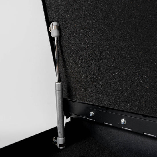 BoostedSafe Elite pneumatic gas strut and steel hinge closeup