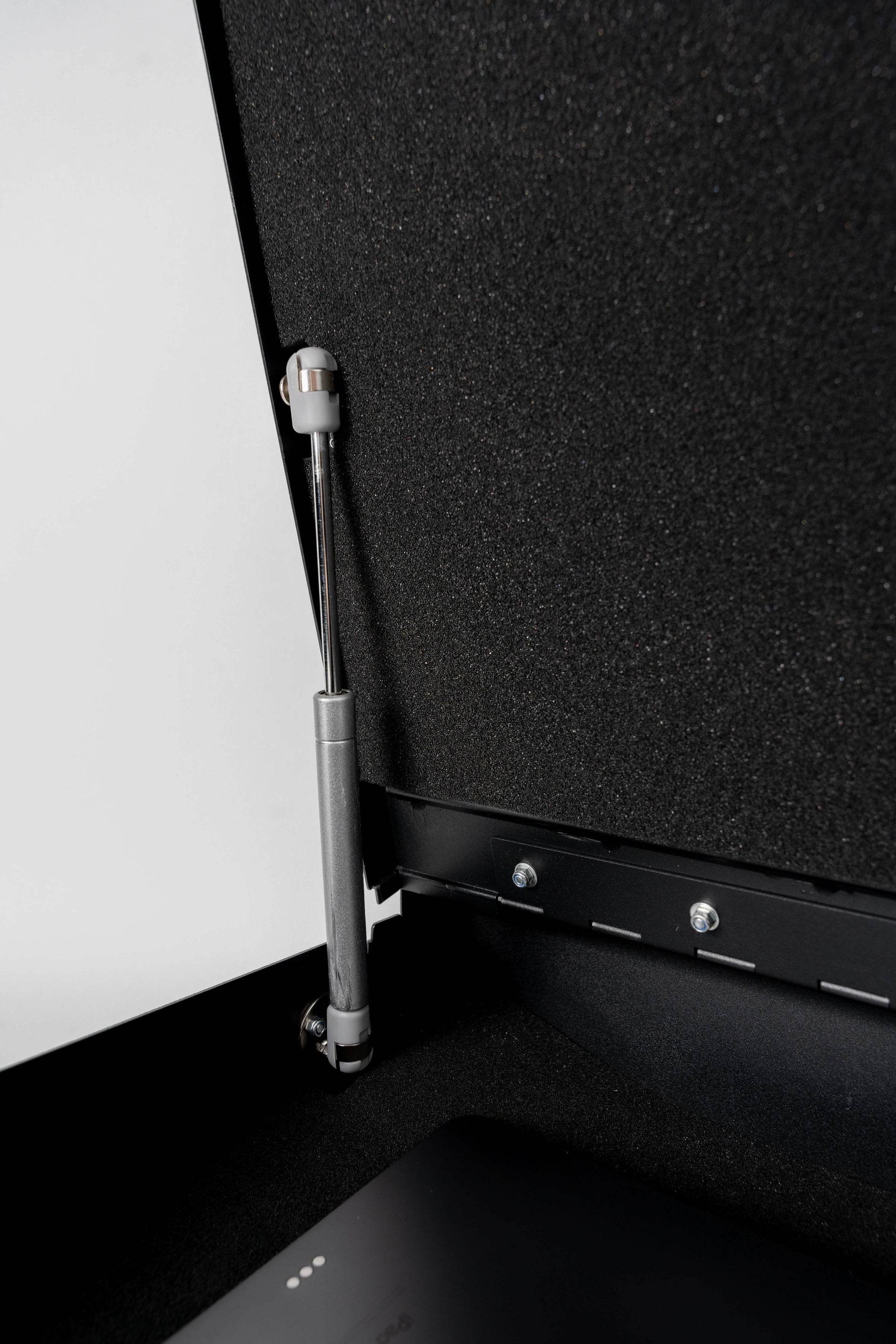 BoostedSafe Elite pneumatic gas strut and steel hinge closeup