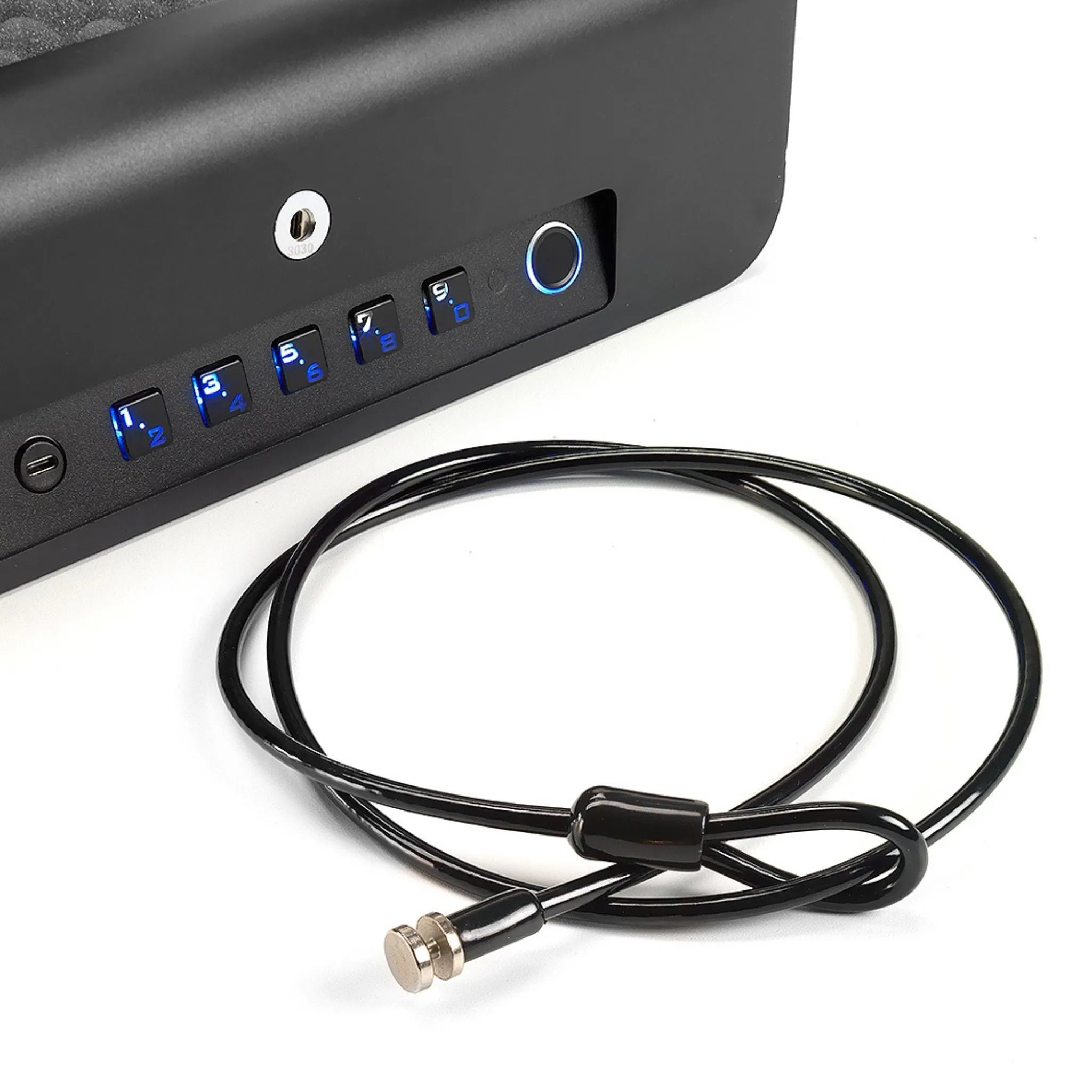 Boosted Safe Elite anti-theft security cable connected to biometric vehicle safe locking system