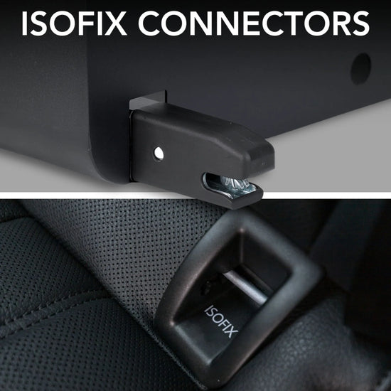 Feature graphic showing ISOFIX connectors on the refurbished Boosted Safe Elite for secure attachment to vehicle seat anchor points.