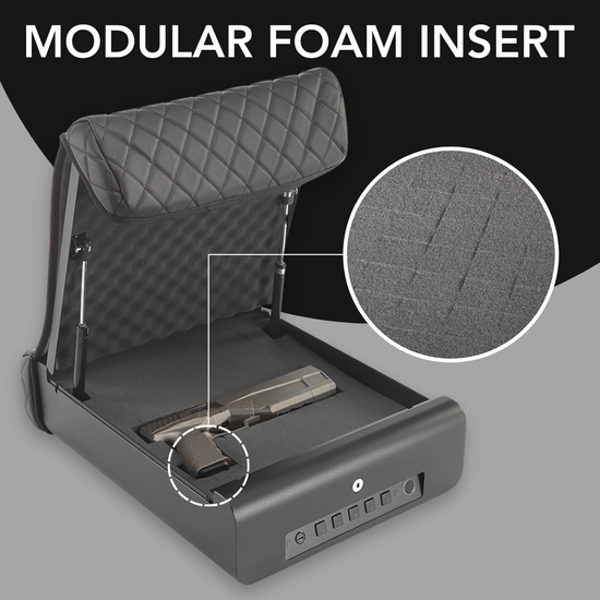 BoostedSafe modular foam insert infographic with handgun example