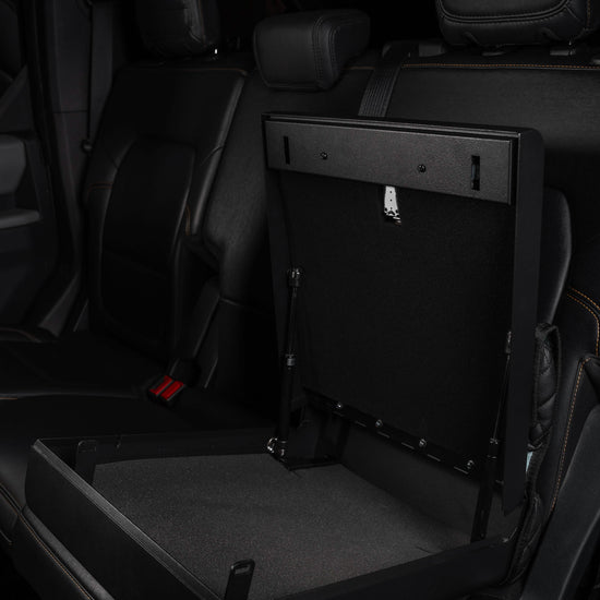 BoostedSafe under-seat gun safe open showing truck storage capacity