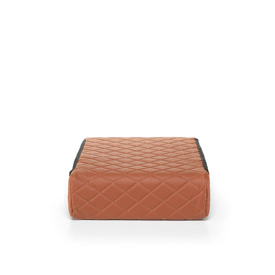 Brown quilted BoostedSafe booster seat disguise cover shown from the front.