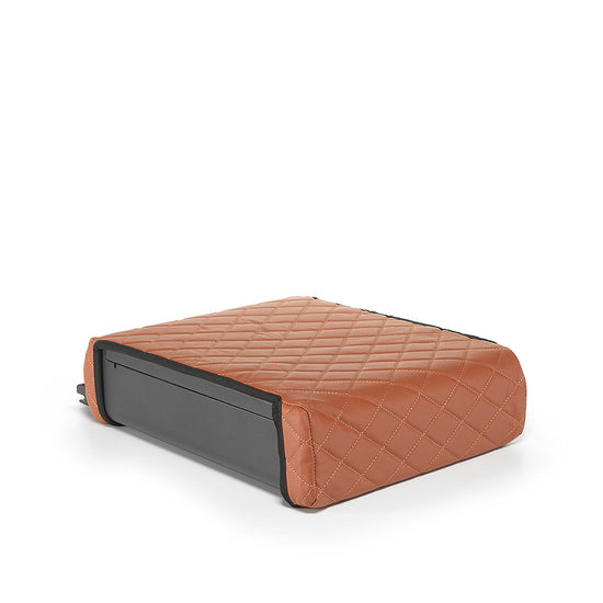 Brown quilted BoostedSafe special order cover shown on the safe from a rear side angle.