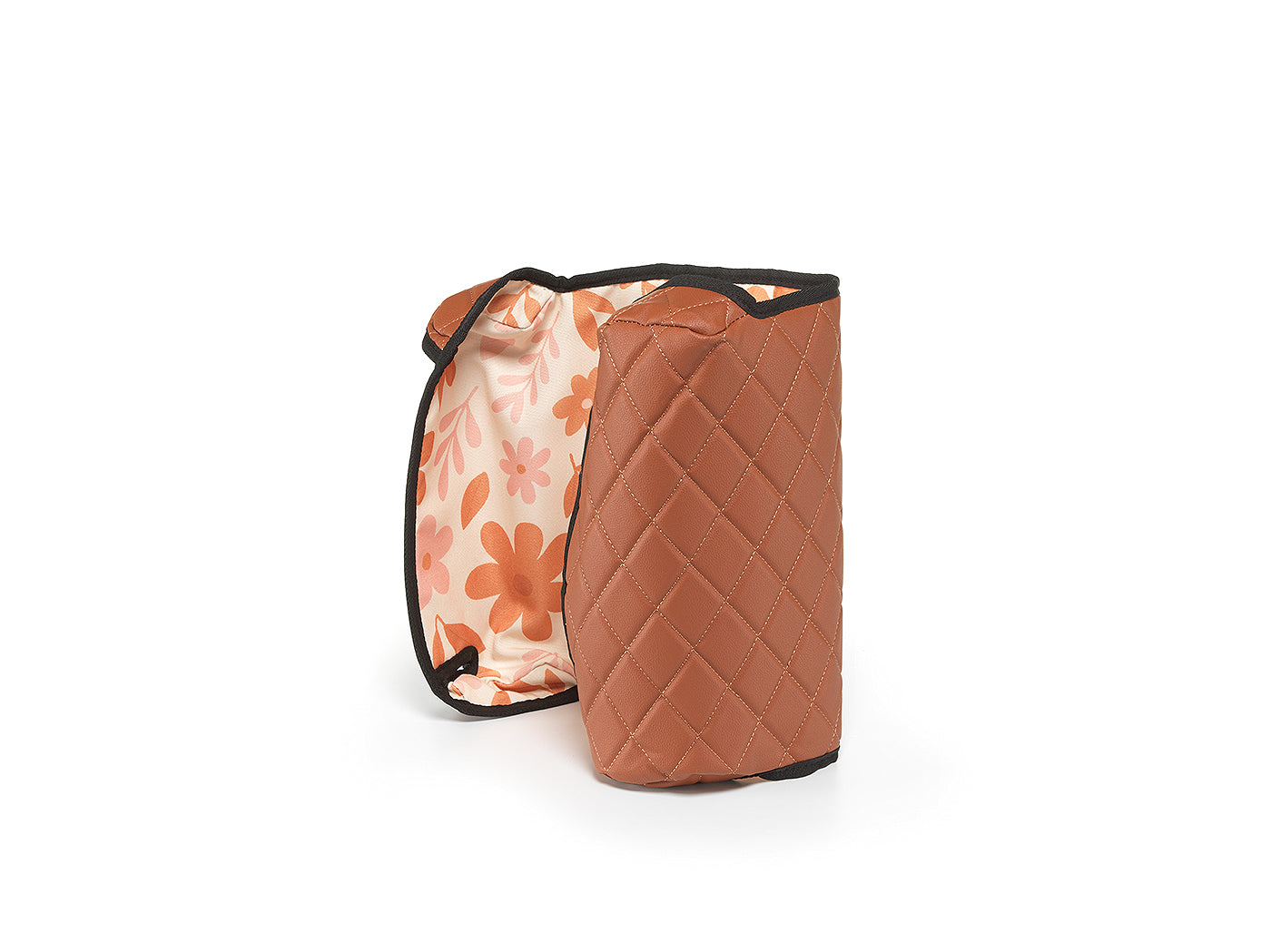 Brown BoostedSafe reversible cover standing upright with floral kid-friendly print visible inside.