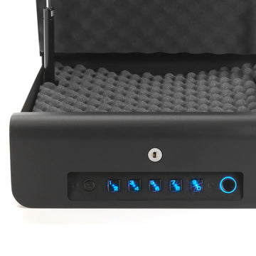 BoostedSafe Elite open vehicle safe with illuminated keypad, fingerprint sensor and foam interior.