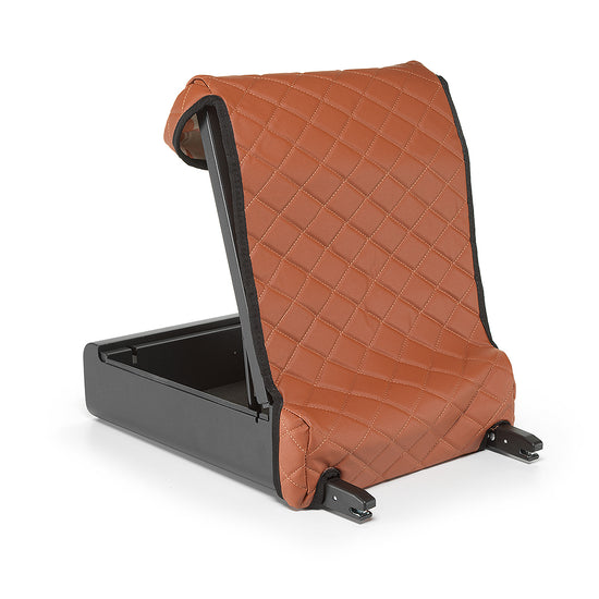 Open BoostedSafe Elite with brown quilted cover propped up and empty interior visible.