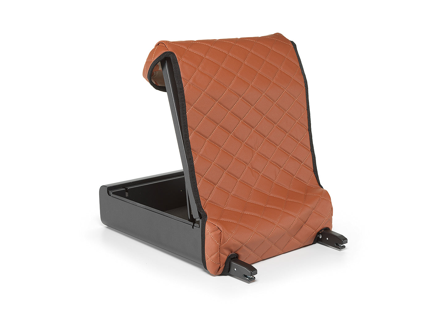 Open BoostedSafe Elite with brown quilted cover propped up and empty interior visible.