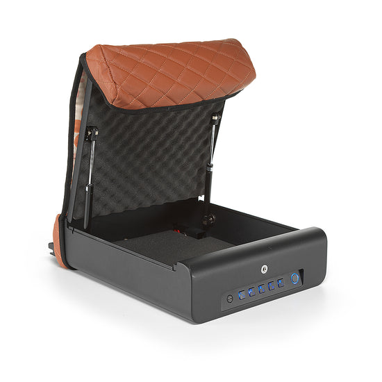 Open BoostedSafe Elite with brown cover, interior foam, gas struts and digital keypad visible.