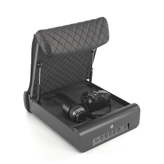 BoostedSafe Elite open with camera body and lens stored on the foam insert.