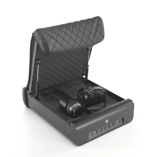 BoostedSafe Elite open with camera gear and lens securely stored inside the padded storage compartment.