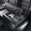 Open refurbished BoostedSafe Elite biometric vehicle safe storing two handguns inside a foam-lined rear seat compartment.