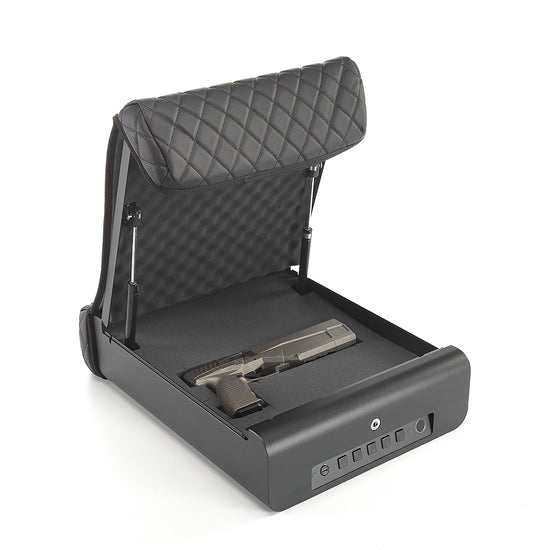 BoostedSafe Elite with custom foam insert holding a handgun in the open safe.