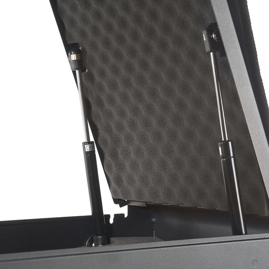 BoostedSafe Elite dual gas strut hinges with padded foam interior for controlled lid support.