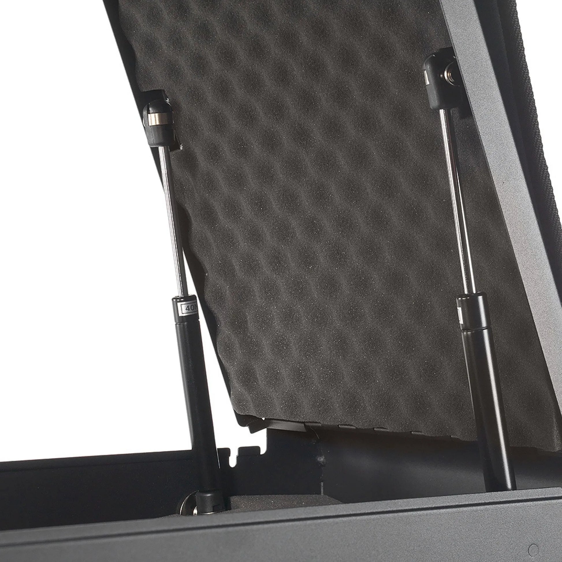 BoostedSafe Elite dual gas strut hinges with padded foam interior for controlled lid support.