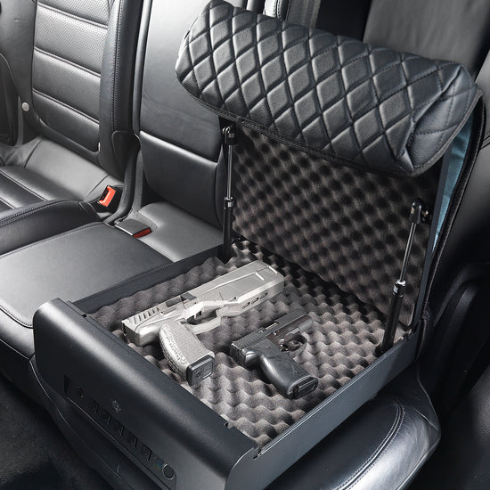 BoostedSafe Elite open on rear vehicle seat storing two handguns on protective foam.