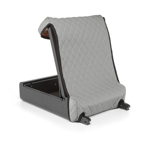 Open BoostedSafe Elite with gray quilted cover propped up and empty interior visible.