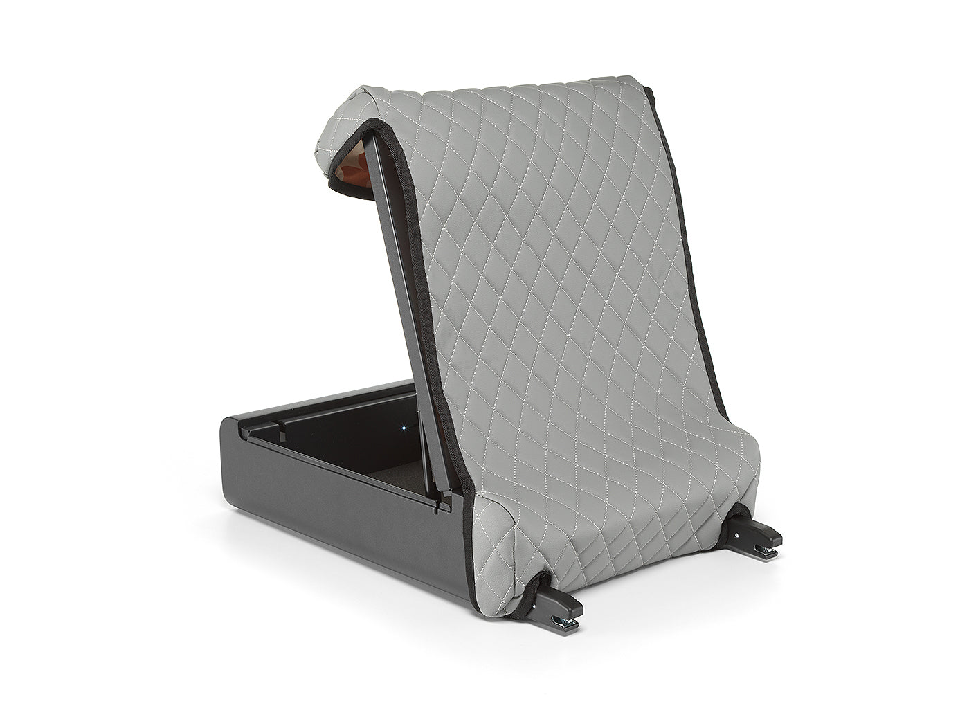 Open BoostedSafe Elite with gray quilted cover propped up and empty interior visible.