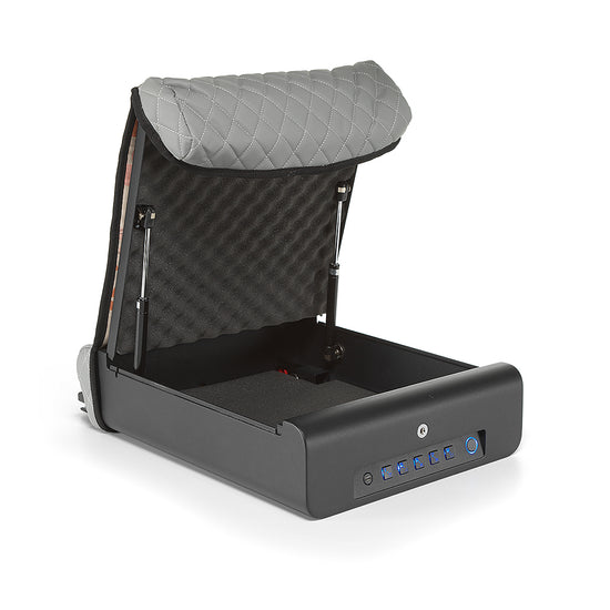 Open BoostedSafe Elite with gray cover, interior foam, gas struts and digital keypad visible.