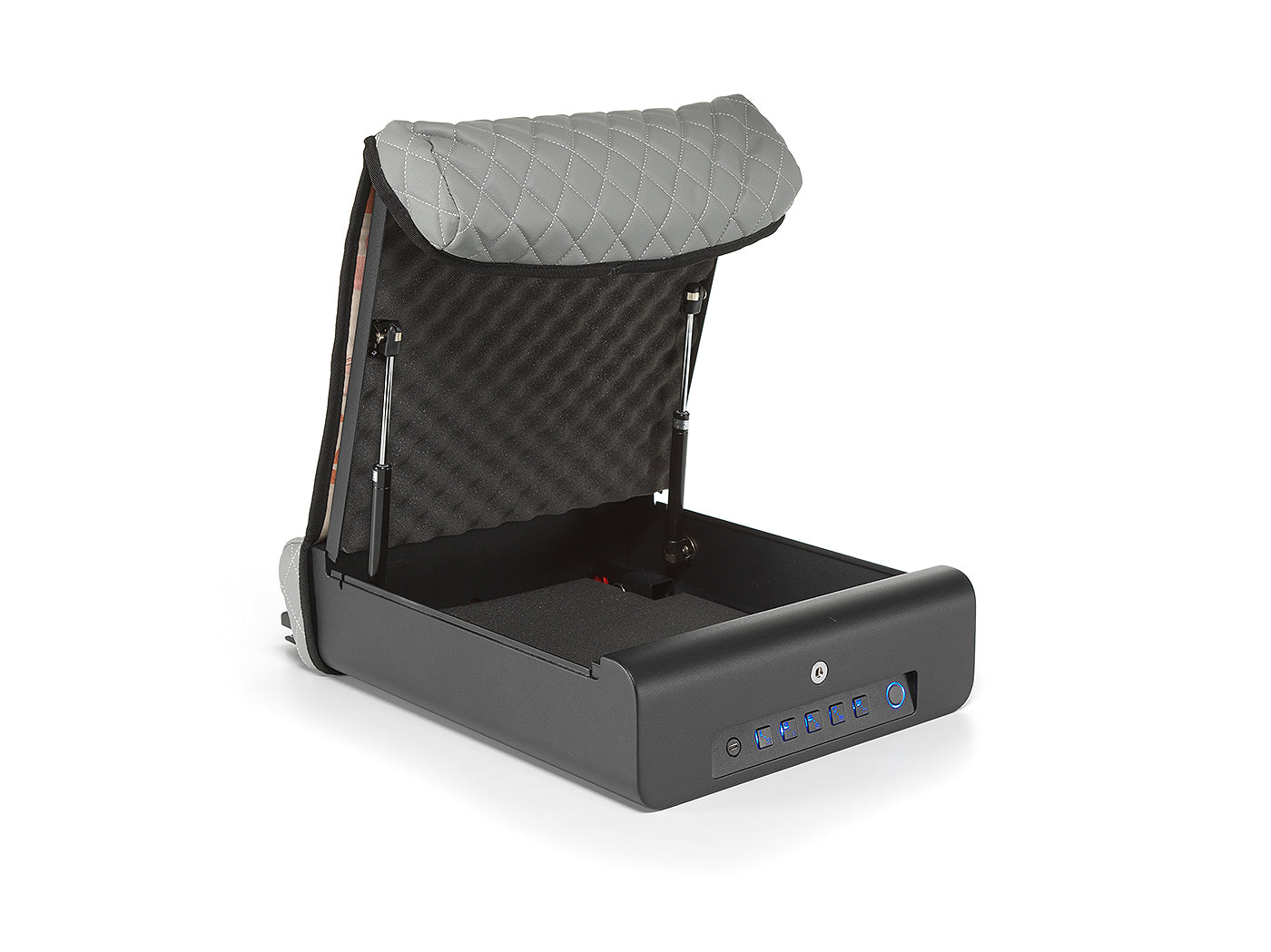 Open BoostedSafe Elite with gray cover, interior foam, gas struts and digital keypad visible.