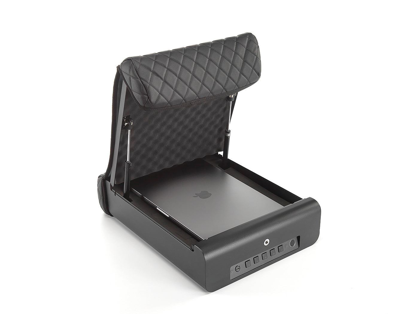 BoostedSafe Elite open with laptop stored inside, showing padded lid and front keypad.