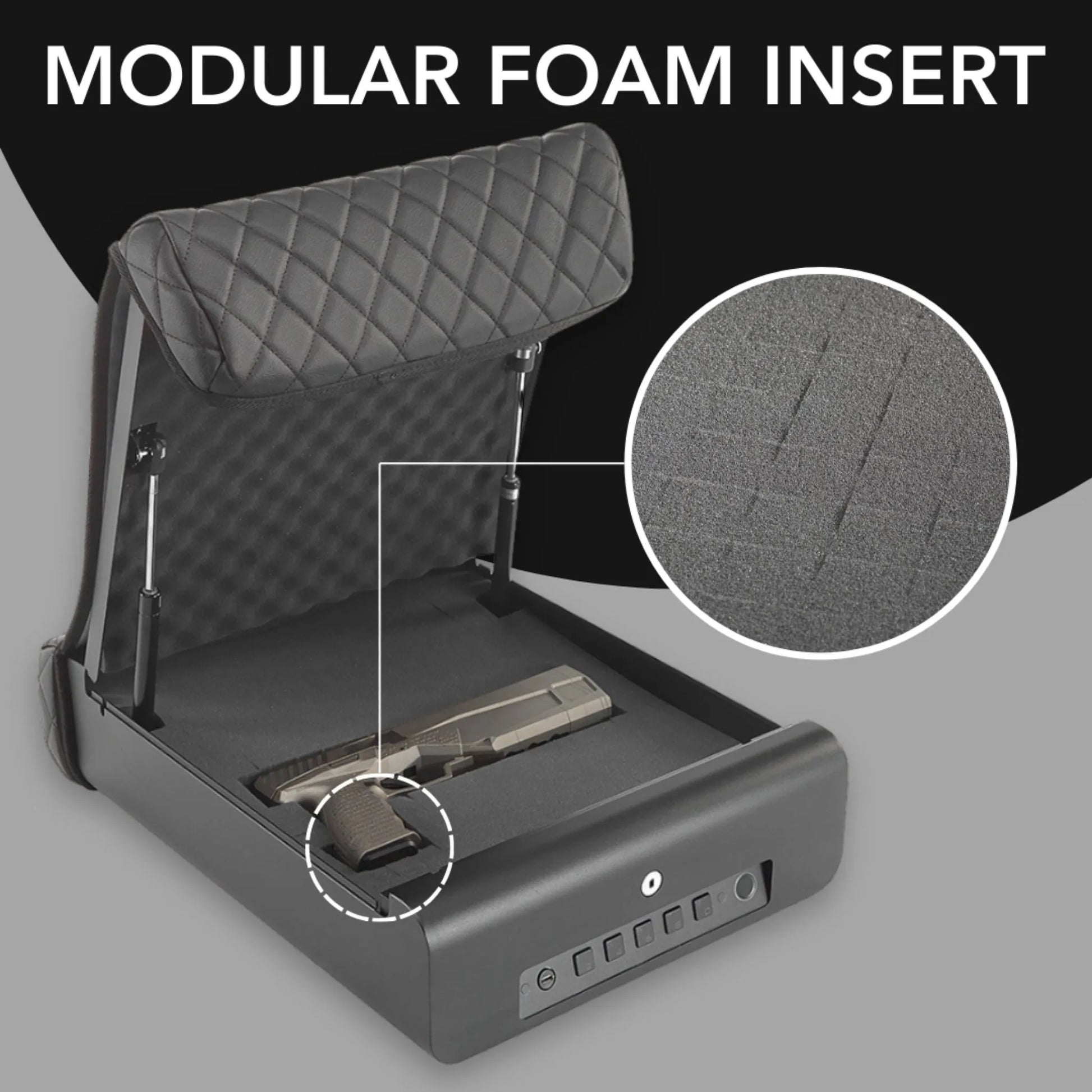 Feature graphic showing the refurbished Boosted Safe Elite modular foam insert for customizable secure storage.