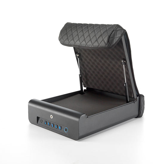 Angled studio view of BoostedSafe Elite open with flat foam insert and front biometric keypad.