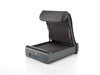 Angled studio view of BoostedSafe Elite open with flat foam insert and front biometric keypad.